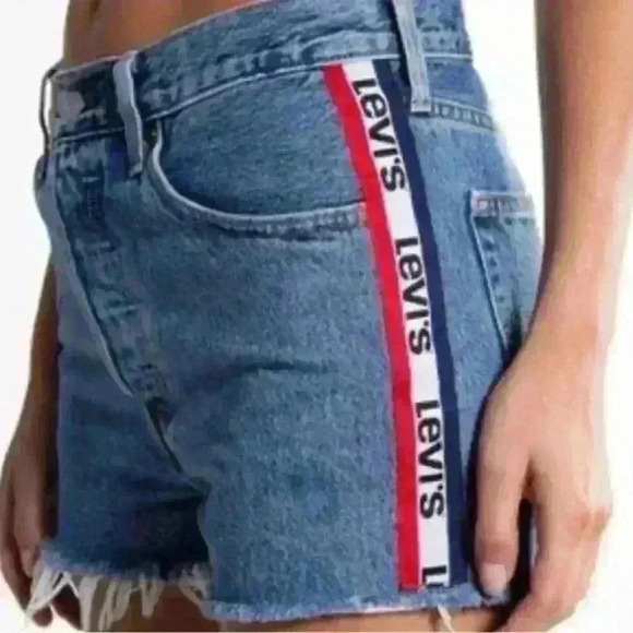 Levi's 501 High Rise Logo Stripe Sport Tape Shorts Jean Denim Shorts size 26 - Picture 4 of 13